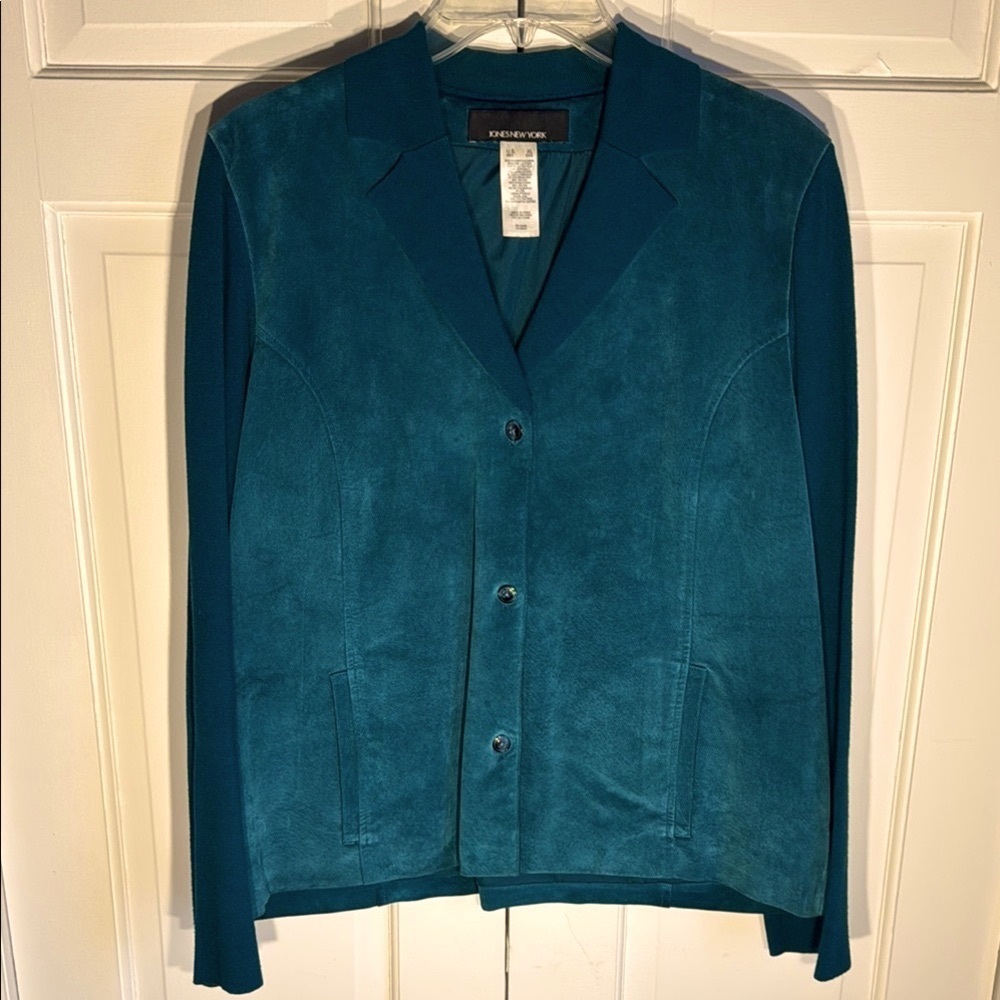 EUC Jones New York Teal Blazer Real Suede Body with Sweater Arms and Collar